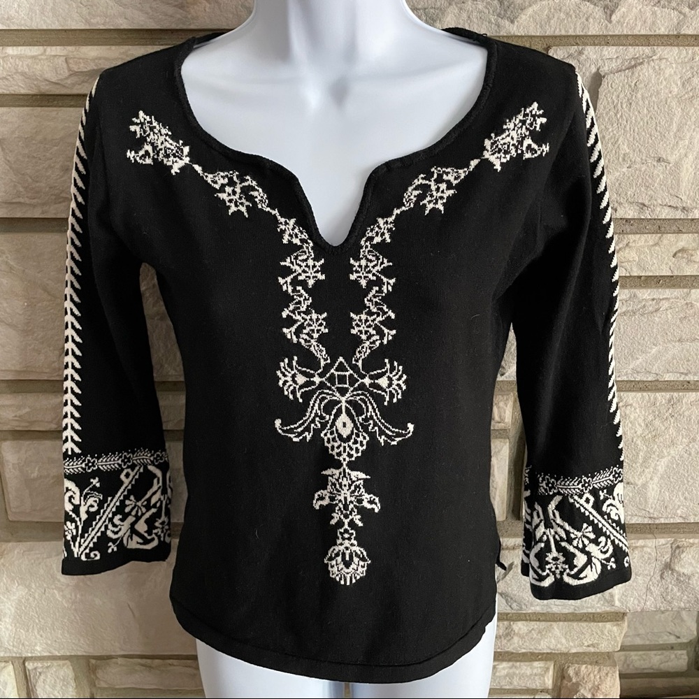 Bette Paige Black & Cream Silk Blend 3/4 Sleeve Sweater Size S